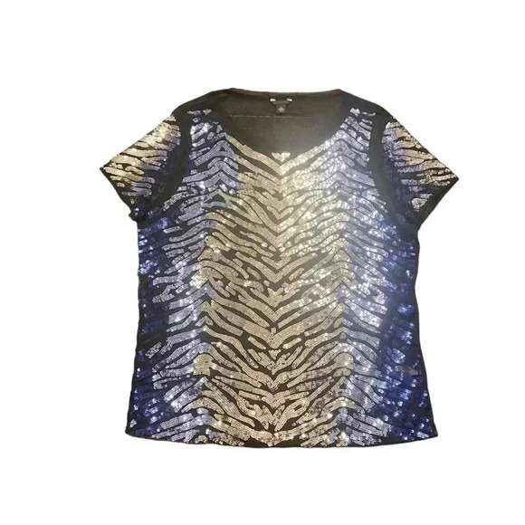 Cache Zebra Animal Print Top Black/Metallic/Silver/Blue Short Sleeve Sheer Sz M - Picture 1 of 7